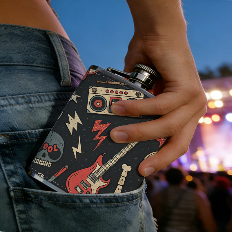 Skulls, radios, guitars and music icons 8oz Portable Stainless Steel Hip Flask - Juice Flask - Perfect Gift - Unique Whiskey Flask for Women, Wine Pot Metal - Ideal stainless steel flask for all outdoor activities