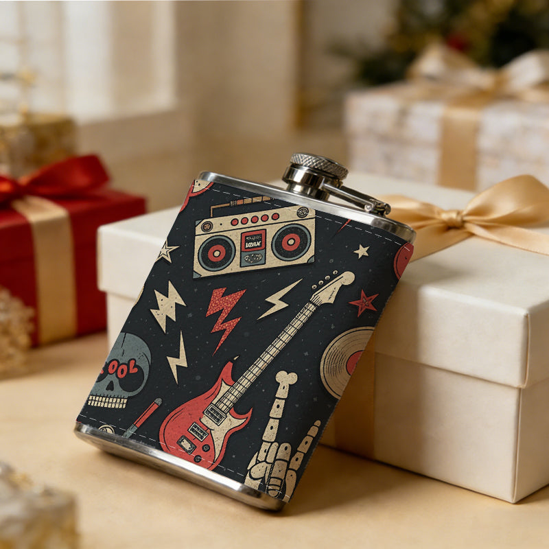 Skulls, radios, guitars and music icons 8oz Portable Stainless Steel Hip Flask - Juice Flask - Perfect Gift - Unique Whiskey Flask for Women, Wine Pot Metal - Ideal stainless steel flask for all outdoor activities