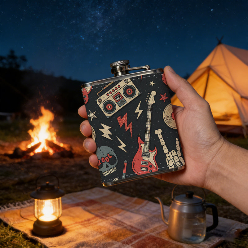 Skulls, radios, guitars and music icons 8oz Portable Stainless Steel Hip Flask - Juice Flask - Perfect Gift - Unique Whiskey Flask for Women, Wine Pot Metal - Ideal stainless steel flask for all outdoor activities