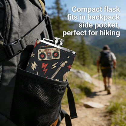 Skulls, radios, guitars and music icons 8oz Portable Stainless Steel Hip Flask - Juice Flask - Perfect Gift - Unique Whiskey Flask for Women, Wine Pot Metal - Ideal stainless steel flask for all outdoor activities
