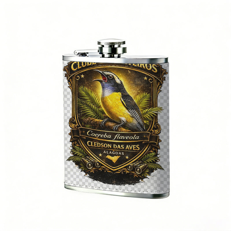 Ornate shield badge with a colorful bird 8oz Portable Stainless Steel Hip Flask - Juice Flask - Perfect Gift - Unique Whiskey Flask for Women, Wine Pot Metal - Ideal stainless steel flask for all outdoor activities