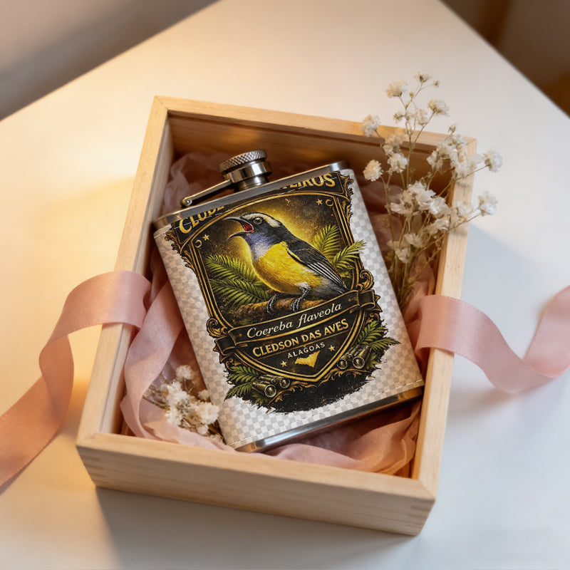 Ornate shield badge with a colorful bird 8oz Portable Stainless Steel Hip Flask - Juice Flask - Perfect Gift - Unique Whiskey Flask for Women, Wine Pot Metal - Ideal stainless steel flask for all outdoor activities