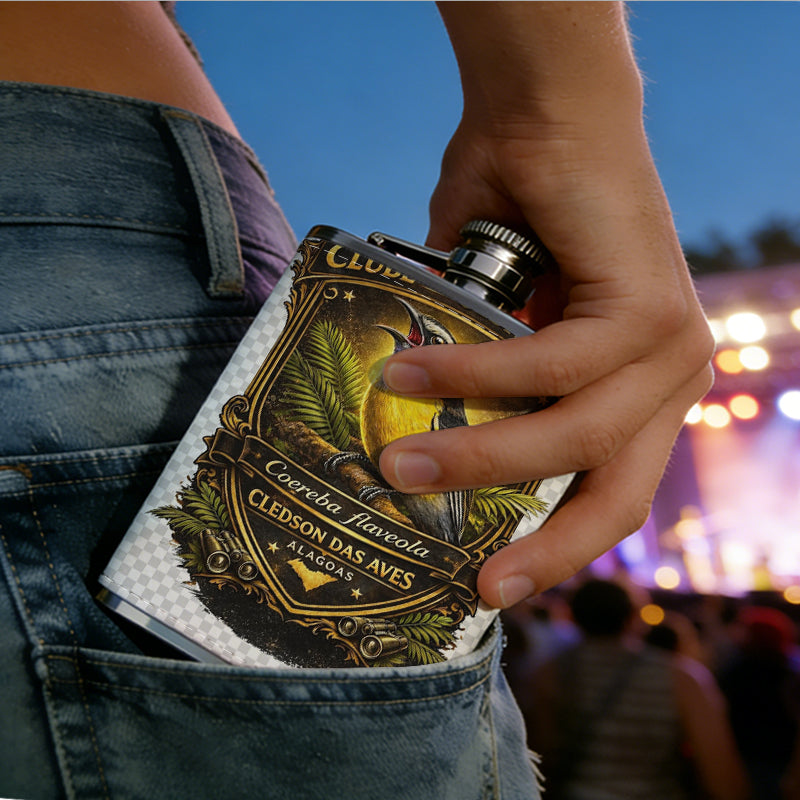 Ornate shield badge with a colorful bird 8oz Portable Stainless Steel Hip Flask - Juice Flask - Perfect Gift - Unique Whiskey Flask for Women, Wine Pot Metal - Ideal stainless steel flask for all outdoor activities