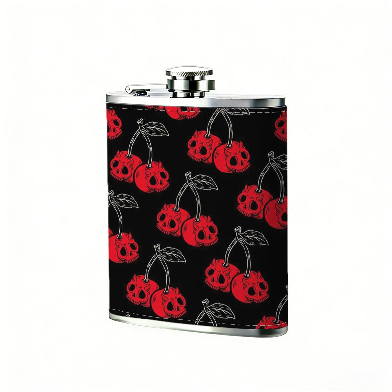 Red cherry patterns on black background 8oz Portable Stainless Steel Hip Flask - Juice Flask - Perfect Gift - Unique Whiskey Flask for Women, Wine Pot Metal - Ideal stainless steel flask for all outdoor activities