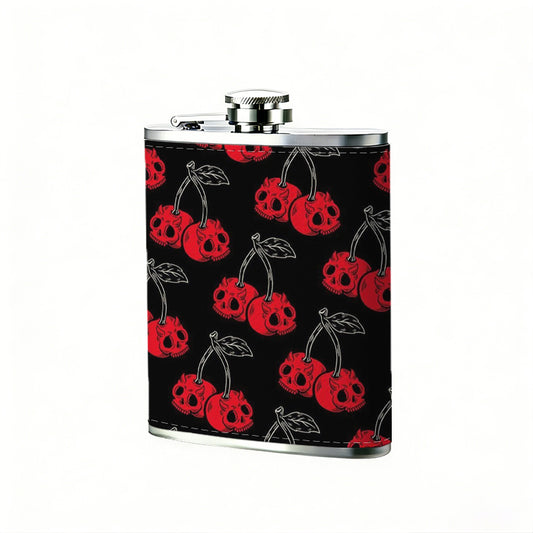 Red cherry patterns on black background 8oz Portable Stainless Steel Hip Flask - Juice Flask - Perfect Gift - Unique Whiskey Flask for Women, Wine Pot Metal - Ideal stainless steel flask for all outdoor activities