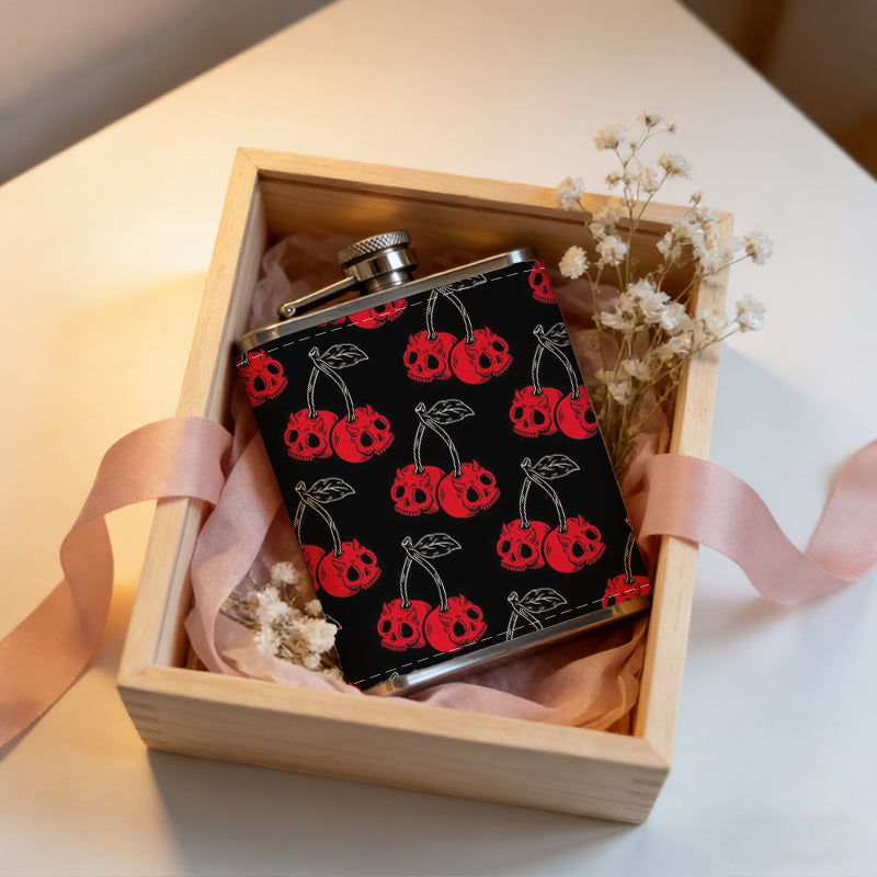 Red cherry patterns on black background 8oz Portable Stainless Steel Hip Flask - Juice Flask - Perfect Gift - Unique Whiskey Flask for Women, Wine Pot Metal - Ideal stainless steel flask for all outdoor activities