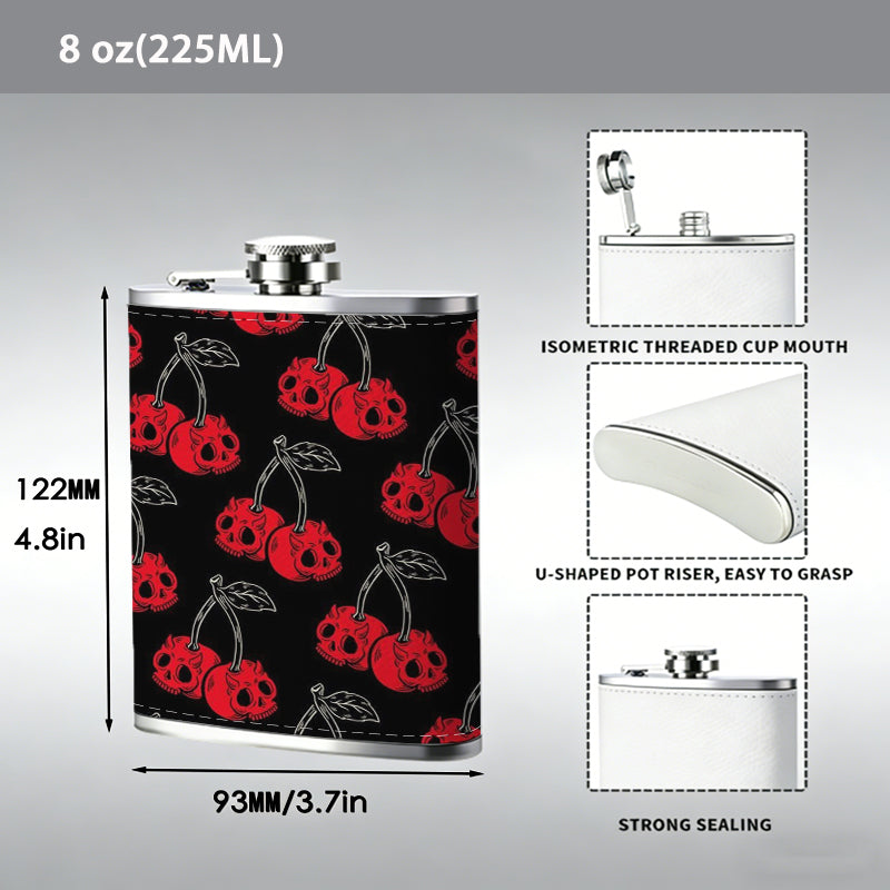 Red cherry patterns on black background 8oz Portable Stainless Steel Hip Flask - Juice Flask - Perfect Gift - Unique Whiskey Flask for Women, Wine Pot Metal - Ideal stainless steel flask for all outdoor activities