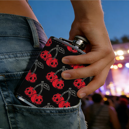 Red cherry patterns on black background 8oz Portable Stainless Steel Hip Flask - Juice Flask - Perfect Gift - Unique Whiskey Flask for Women, Wine Pot Metal - Ideal stainless steel flask for all outdoor activities