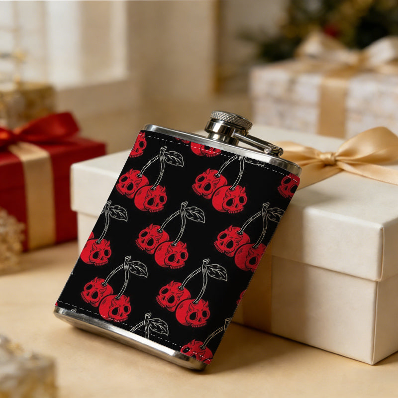 Red cherry patterns on black background 8oz Portable Stainless Steel Hip Flask - Juice Flask - Perfect Gift - Unique Whiskey Flask for Women, Wine Pot Metal - Ideal stainless steel flask for all outdoor activities