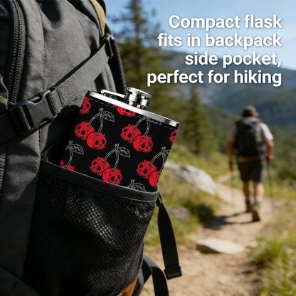 Red cherry patterns on black background 8oz Portable Stainless Steel Hip Flask - Juice Flask - Perfect Gift - Unique Whiskey Flask for Women, Wine Pot Metal - Ideal stainless steel flask for all outdoor activities