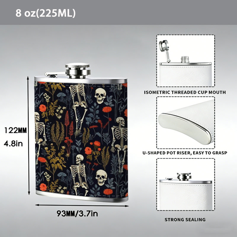 Skeleton pattern on dark background 8oz Portable Stainless Steel Hip Flask - Juice Flask - Perfect Gift - Unique Whiskey Flask for Women, Wine Pot Metal - Ideal stainless steel flask for all outdoor activities