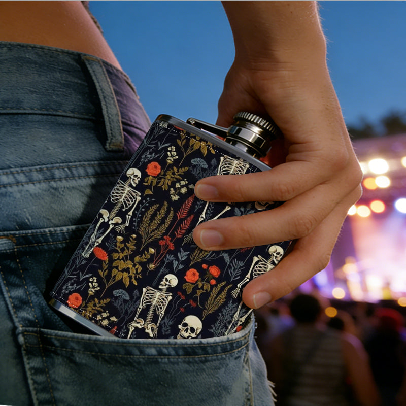 Skeleton pattern on dark background 8oz Portable Stainless Steel Hip Flask - Juice Flask - Perfect Gift - Unique Whiskey Flask for Women, Wine Pot Metal - Ideal stainless steel flask for all outdoor activities
