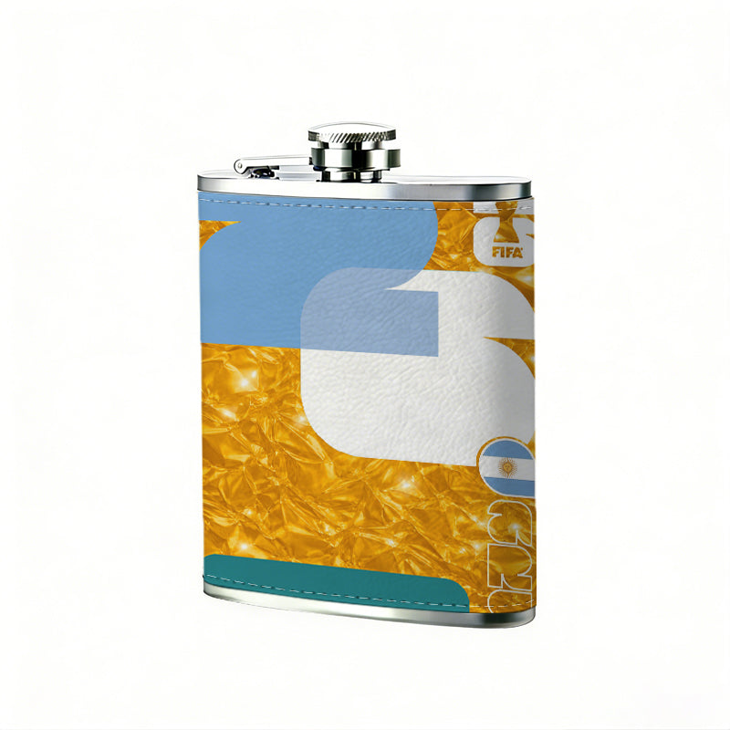 Blue and white shapes on gold background 8oz Portable Stainless Steel Hip Flask - Juice Flask - Perfect Gift - Unique Whiskey Flask for Women, Wine Pot Metal - Ideal stainless steel flask for all outdoor activities