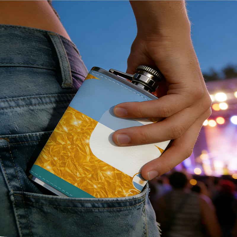 Blue and white shapes on gold background 8oz Portable Stainless Steel Hip Flask - Juice Flask - Perfect Gift - Unique Whiskey Flask for Women, Wine Pot Metal - Ideal stainless steel flask for all outdoor activities