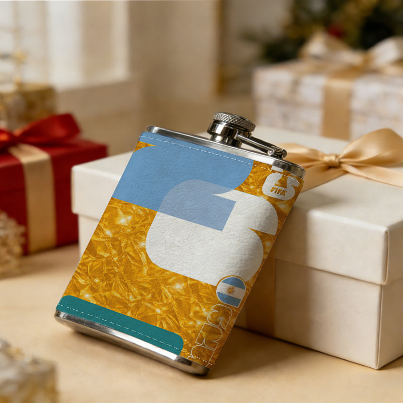 Blue and white shapes on gold background 8oz Portable Stainless Steel Hip Flask - Juice Flask - Perfect Gift - Unique Whiskey Flask for Women, Wine Pot Metal - Ideal stainless steel flask for all outdoor activities