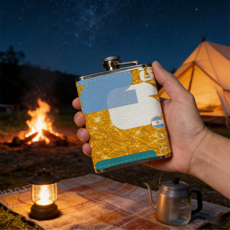 Blue and white shapes on gold background 8oz Portable Stainless Steel Hip Flask - Juice Flask - Perfect Gift - Unique Whiskey Flask for Women, Wine Pot Metal - Ideal stainless steel flask for all outdoor activities