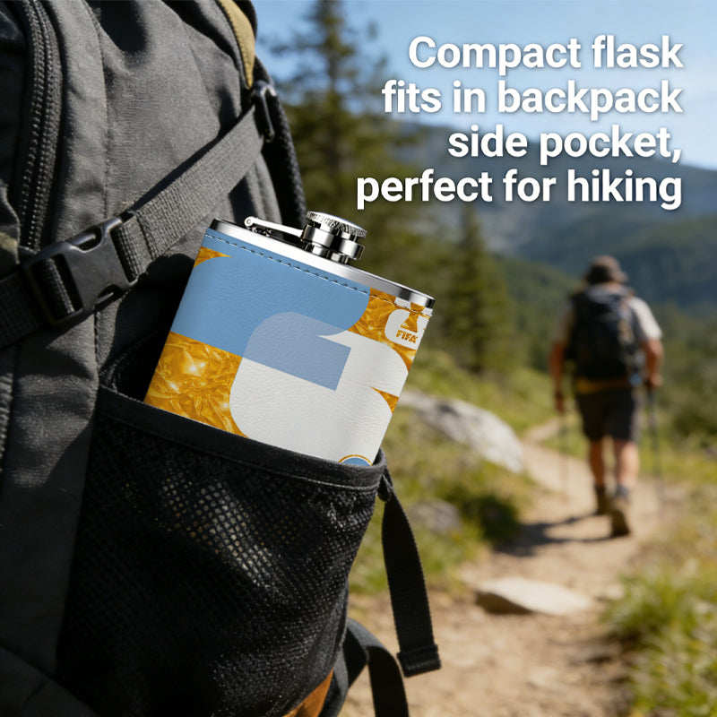 Blue and white shapes on gold background 8oz Portable Stainless Steel Hip Flask - Juice Flask - Perfect Gift - Unique Whiskey Flask for Women, Wine Pot Metal - Ideal stainless steel flask for all outdoor activities