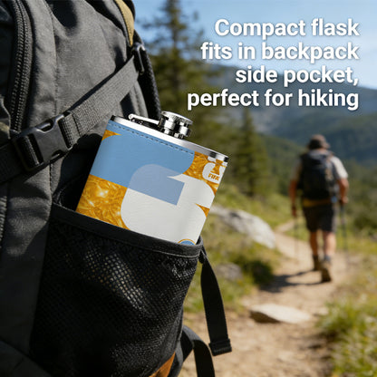 Blue and white shapes on gold background 8oz Portable Stainless Steel Hip Flask - Juice Flask - Perfect Gift - Unique Whiskey Flask for Women, Wine Pot Metal - Ideal stainless steel flask for all outdoor activities