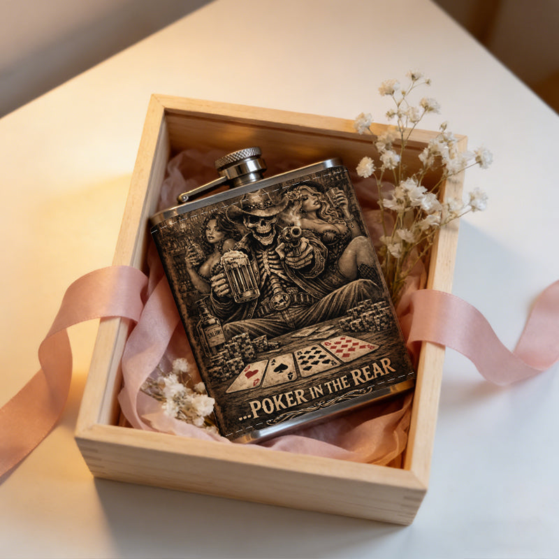 Skull and poker themed sign 8oz Portable Stainless Steel Hip Flask - Juice Flask - Perfect Gift - Unique Whiskey Flask for Women, Wine Pot Metal - Ideal stainless steel flask for all outdoor activities