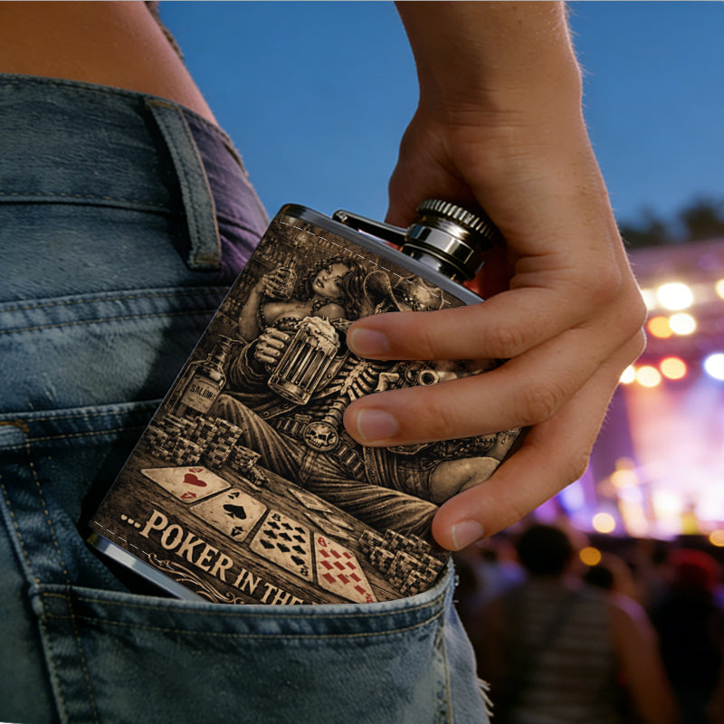Skull and poker themed sign 8oz Portable Stainless Steel Hip Flask - Juice Flask - Perfect Gift - Unique Whiskey Flask for Women, Wine Pot Metal - Ideal stainless steel flask for all outdoor activities