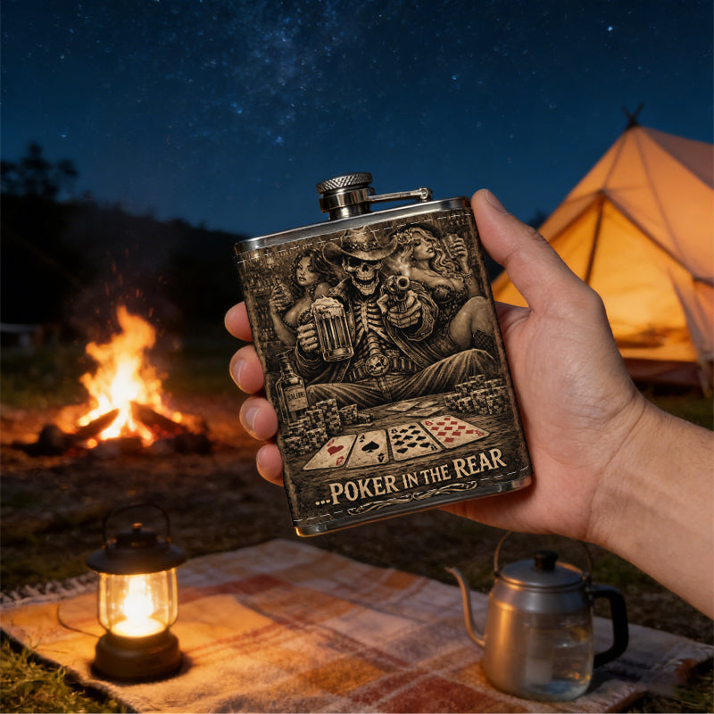 Skull and poker themed sign 8oz Portable Stainless Steel Hip Flask - Juice Flask - Perfect Gift - Unique Whiskey Flask for Women, Wine Pot Metal - Ideal stainless steel flask for all outdoor activities