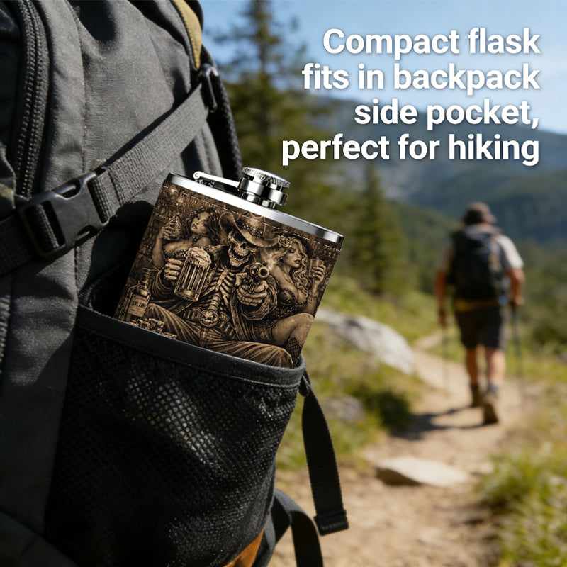 Skull and poker themed sign 8oz Portable Stainless Steel Hip Flask - Juice Flask - Perfect Gift - Unique Whiskey Flask for Women, Wine Pot Metal - Ideal stainless steel flask for all outdoor activities