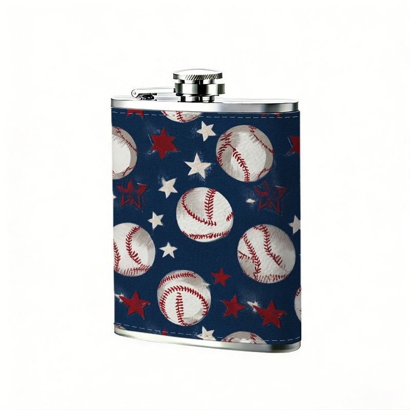 Baseballs and US flag pattern 8oz Portable Stainless Steel Hip Flask - Juice Flask - Perfect Gift - Unique Whiskey Flask for Women, Wine Pot Metal - Ideal stainless steel flask for all outdoor activities