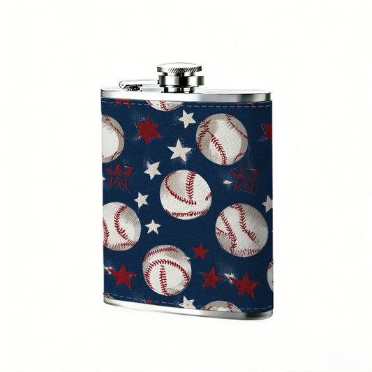 Baseballs and US flag pattern 8oz Portable Stainless Steel Hip Flask - Juice Flask - Perfect Gift - Unique Whiskey Flask for Women, Wine Pot Metal - Ideal stainless steel flask for all outdoor activities