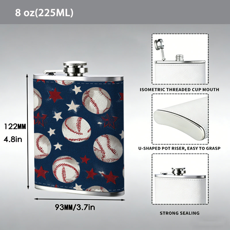 Baseballs and US flag pattern 8oz Portable Stainless Steel Hip Flask - Juice Flask - Perfect Gift - Unique Whiskey Flask for Women, Wine Pot Metal - Ideal stainless steel flask for all outdoor activities
