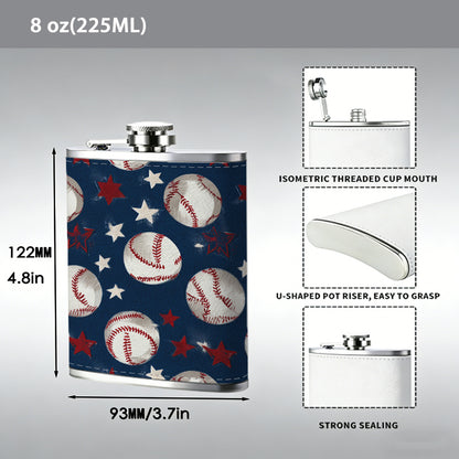 Baseballs and US flag pattern 8oz Portable Stainless Steel Hip Flask - Juice Flask - Perfect Gift - Unique Whiskey Flask for Women, Wine Pot Metal - Ideal stainless steel flask for all outdoor activities