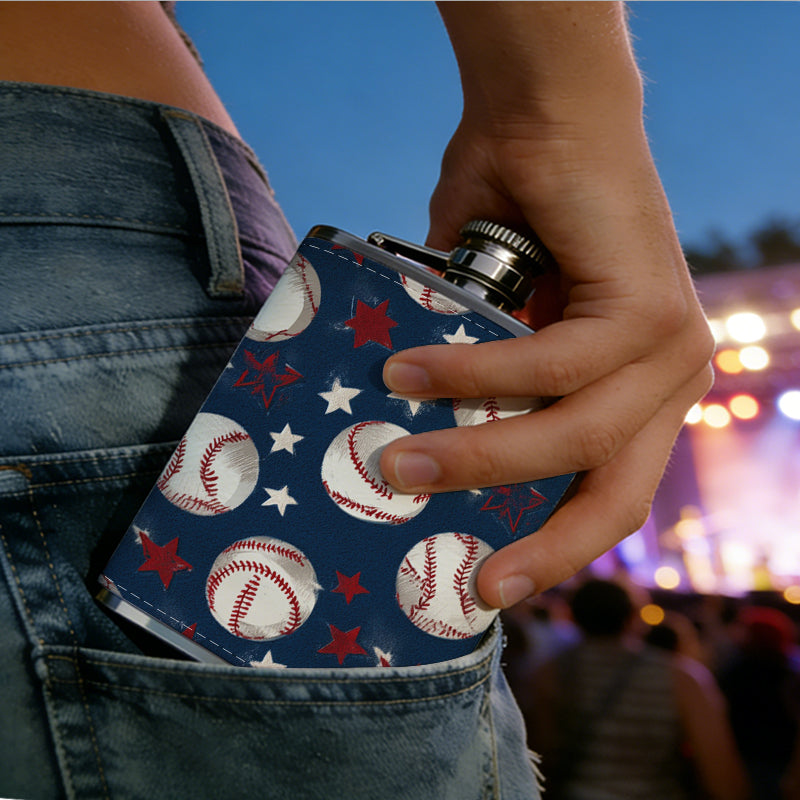 Baseballs and US flag pattern 8oz Portable Stainless Steel Hip Flask - Juice Flask - Perfect Gift - Unique Whiskey Flask for Women, Wine Pot Metal - Ideal stainless steel flask for all outdoor activities