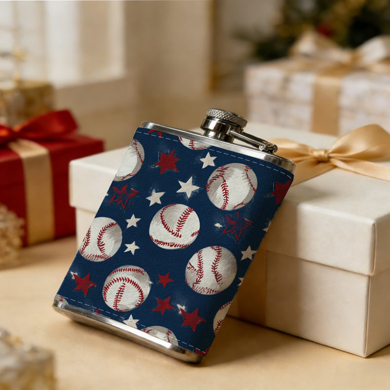 Baseballs and US flag pattern 8oz Portable Stainless Steel Hip Flask - Juice Flask - Perfect Gift - Unique Whiskey Flask for Women, Wine Pot Metal - Ideal stainless steel flask for all outdoor activities