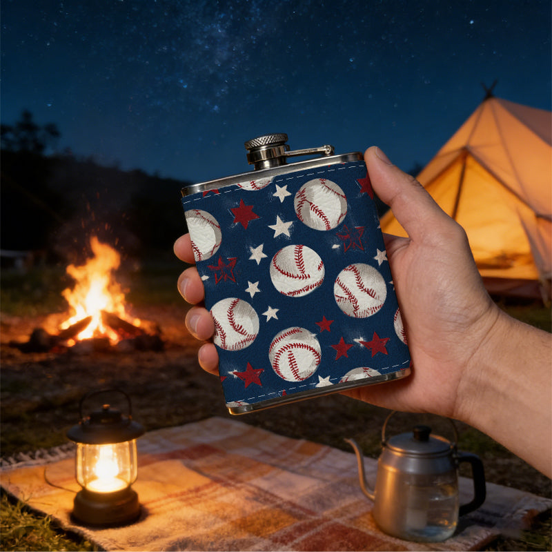 Baseballs and US flag pattern 8oz Portable Stainless Steel Hip Flask - Juice Flask - Perfect Gift - Unique Whiskey Flask for Women, Wine Pot Metal - Ideal stainless steel flask for all outdoor activities