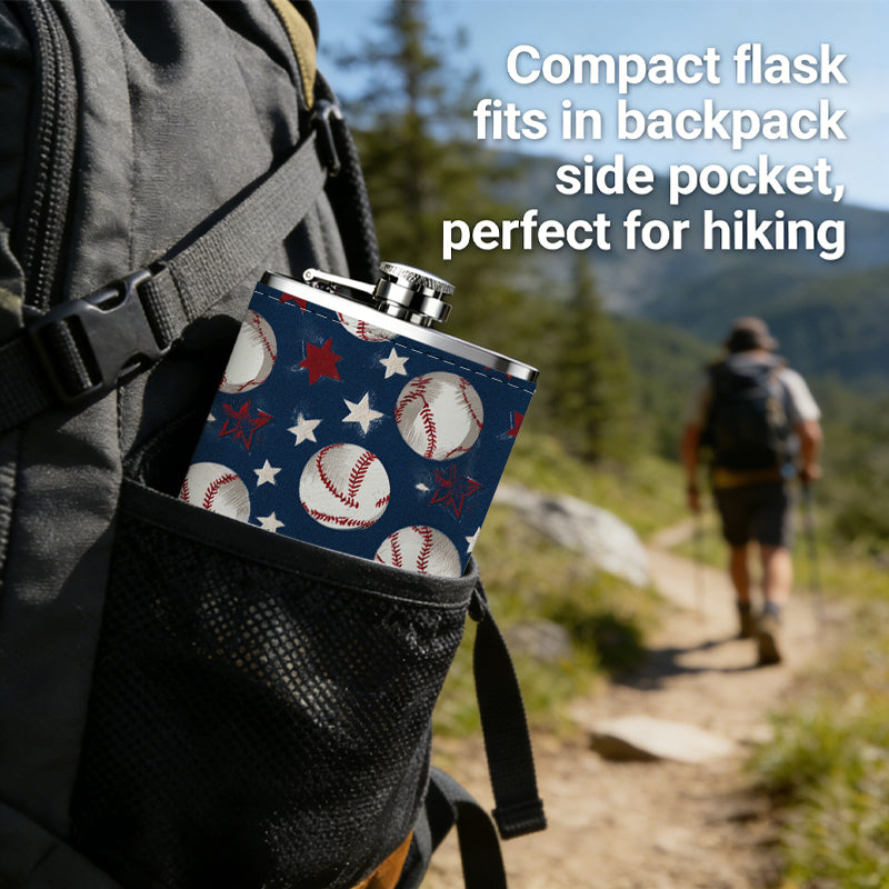 Baseballs and US flag pattern 8oz Portable Stainless Steel Hip Flask - Juice Flask - Perfect Gift - Unique Whiskey Flask for Women, Wine Pot Metal - Ideal stainless steel flask for all outdoor activities