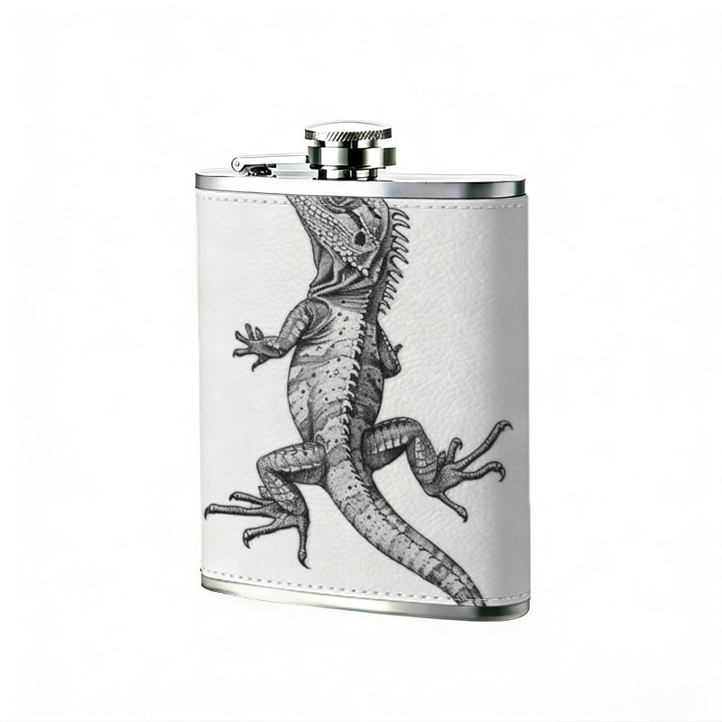 A grayscale lizard on white background 8oz Portable Stainless Steel Hip Flask - Juice Flask - Perfect Gift - Unique Whiskey Flask for Women, Wine Pot Metal - Ideal stainless steel flask for all outdoor activities