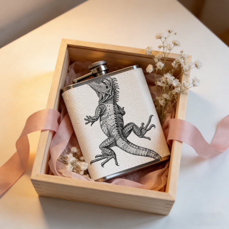A grayscale lizard on white background 8oz Portable Stainless Steel Hip Flask - Juice Flask - Perfect Gift - Unique Whiskey Flask for Women, Wine Pot Metal - Ideal stainless steel flask for all outdoor activities