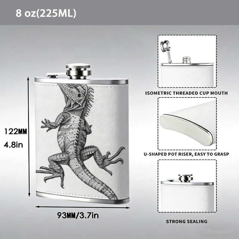 A grayscale lizard on white background 8oz Portable Stainless Steel Hip Flask - Juice Flask - Perfect Gift - Unique Whiskey Flask for Women, Wine Pot Metal - Ideal stainless steel flask for all outdoor activities