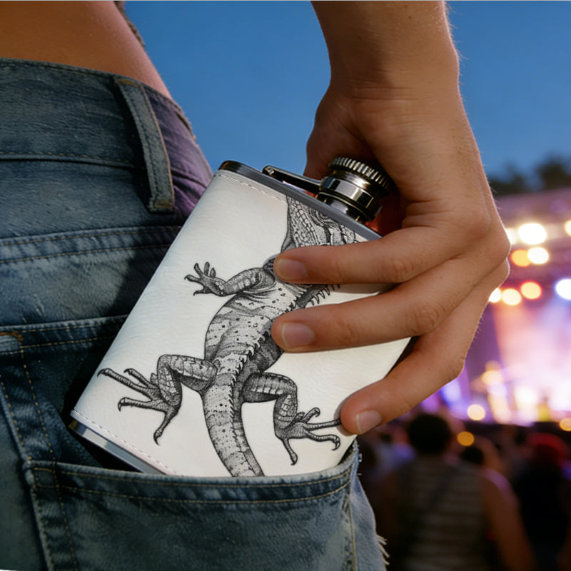 A grayscale lizard on white background 8oz Portable Stainless Steel Hip Flask - Juice Flask - Perfect Gift - Unique Whiskey Flask for Women, Wine Pot Metal - Ideal stainless steel flask for all outdoor activities