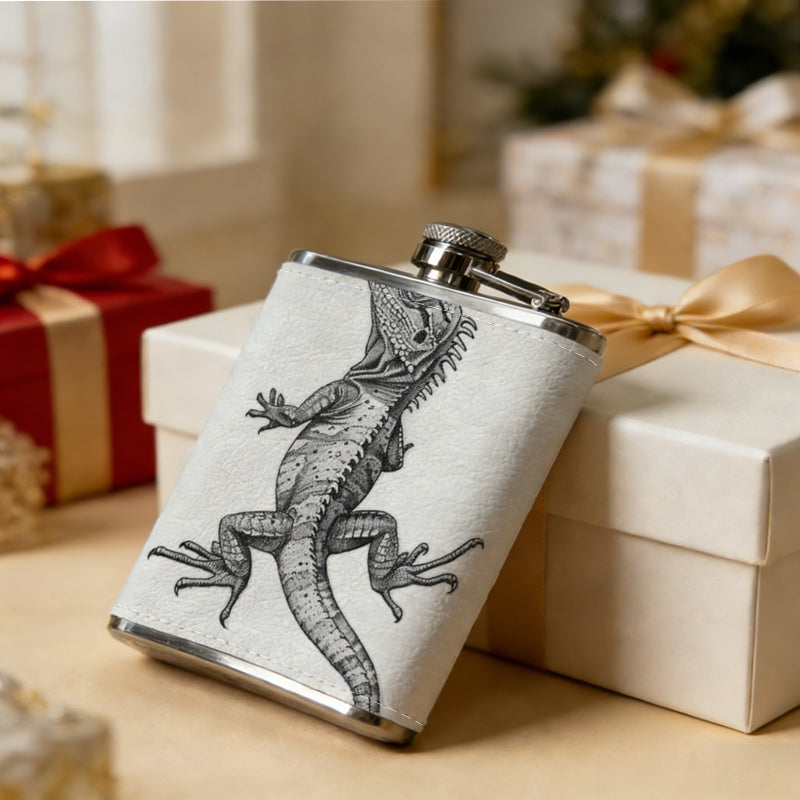 A grayscale lizard on white background 8oz Portable Stainless Steel Hip Flask - Juice Flask - Perfect Gift - Unique Whiskey Flask for Women, Wine Pot Metal - Ideal stainless steel flask for all outdoor activities