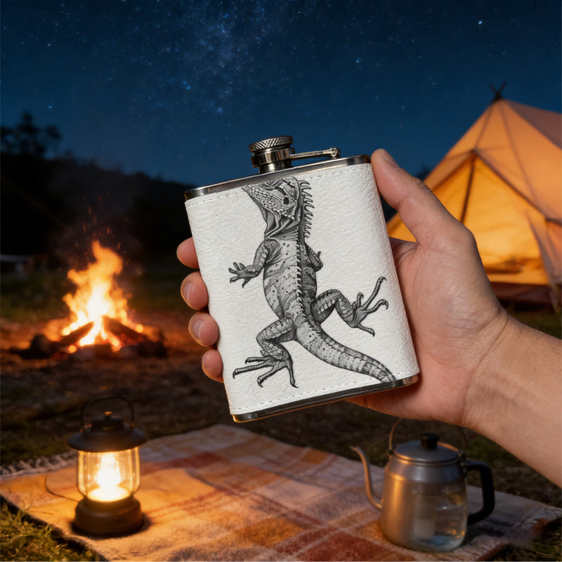 A grayscale lizard on white background 8oz Portable Stainless Steel Hip Flask - Juice Flask - Perfect Gift - Unique Whiskey Flask for Women, Wine Pot Metal - Ideal stainless steel flask for all outdoor activities