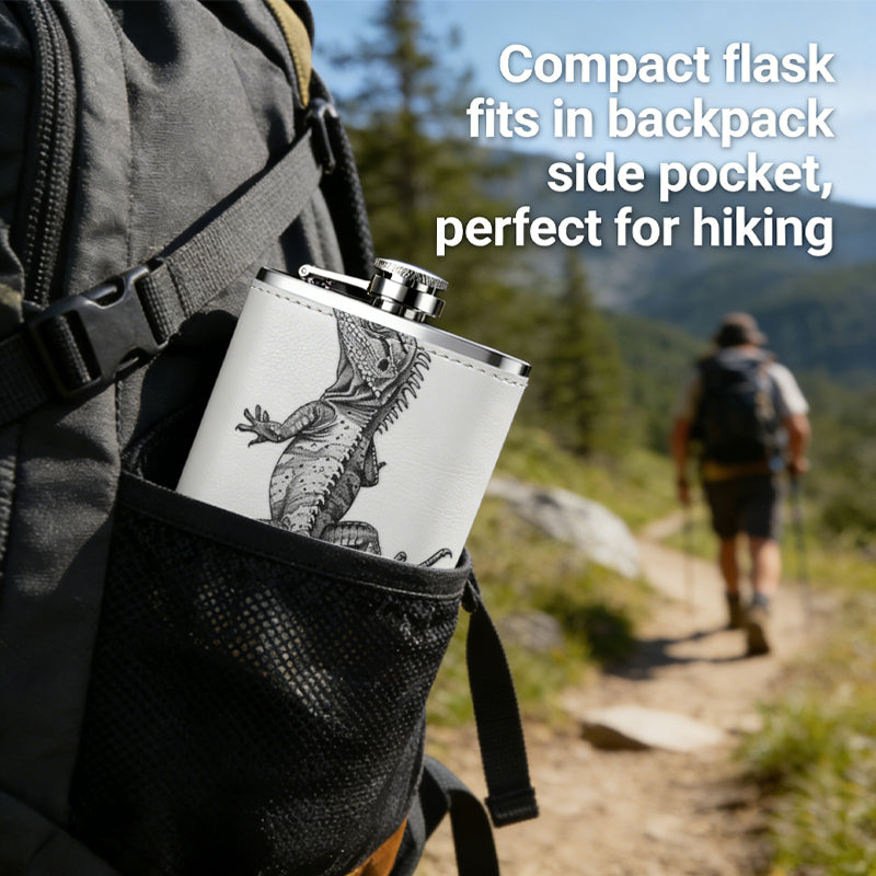 A grayscale lizard on white background 8oz Portable Stainless Steel Hip Flask - Juice Flask - Perfect Gift - Unique Whiskey Flask for Women, Wine Pot Metal - Ideal stainless steel flask for all outdoor activities