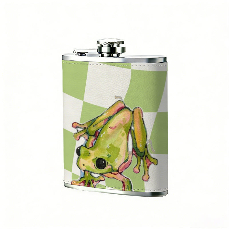 Cartoon frog on green checkered background 8oz Portable Stainless Steel Hip Flask - Juice Flask - Perfect Gift - Unique Whiskey Flask for Women, Wine Pot Metal - Ideal stainless steel flask for all outdoor activities
