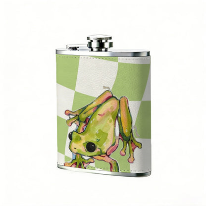Cartoon frog on green checkered background 8oz Portable Stainless Steel Hip Flask - Juice Flask - Perfect Gift - Unique Whiskey Flask for Women, Wine Pot Metal - Ideal stainless steel flask for all outdoor activities