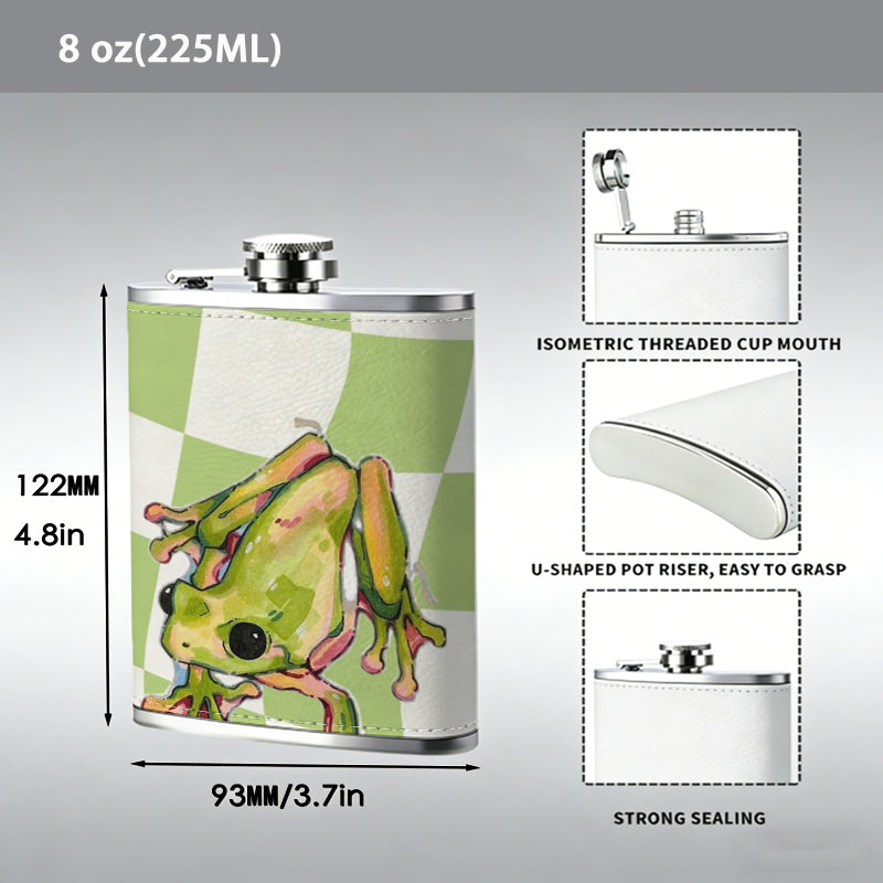 Cartoon frog on green checkered background 8oz Portable Stainless Steel Hip Flask - Juice Flask - Perfect Gift - Unique Whiskey Flask for Women, Wine Pot Metal - Ideal stainless steel flask for all outdoor activities