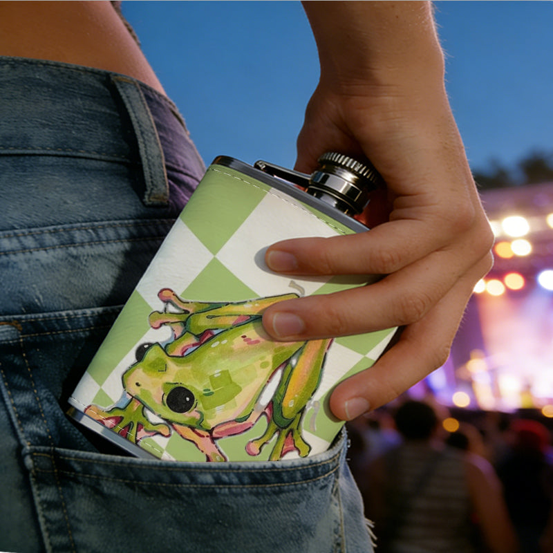 Cartoon frog on green checkered background 8oz Portable Stainless Steel Hip Flask - Juice Flask - Perfect Gift - Unique Whiskey Flask for Women, Wine Pot Metal - Ideal stainless steel flask for all outdoor activities