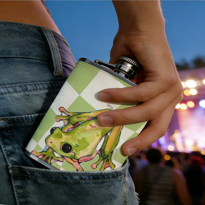 Cartoon frog on green checkered background 8oz Portable Stainless Steel Hip Flask - Juice Flask - Perfect Gift - Unique Whiskey Flask for Women, Wine Pot Metal - Ideal stainless steel flask for all outdoor activities