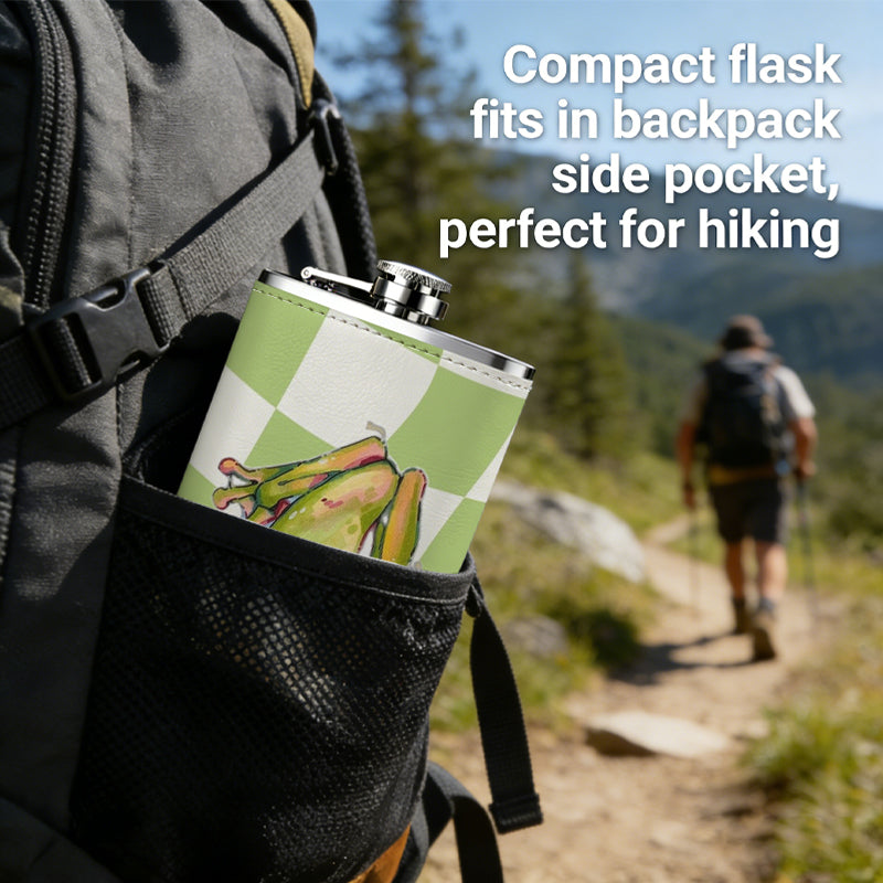 Cartoon frog on green checkered background 8oz Portable Stainless Steel Hip Flask - Juice Flask - Perfect Gift - Unique Whiskey Flask for Women, Wine Pot Metal - Ideal stainless steel flask for all outdoor activities