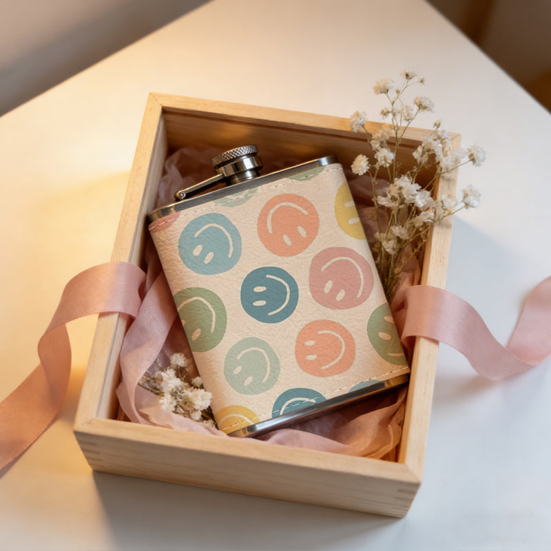 Pastel colored round wax seal patterns 8oz Portable Stainless Steel Hip Flask - Juice Flask - Perfect Gift - Unique Whiskey Flask for Women, Wine Pot Metal - Ideal stainless steel flask for all outdoor activities