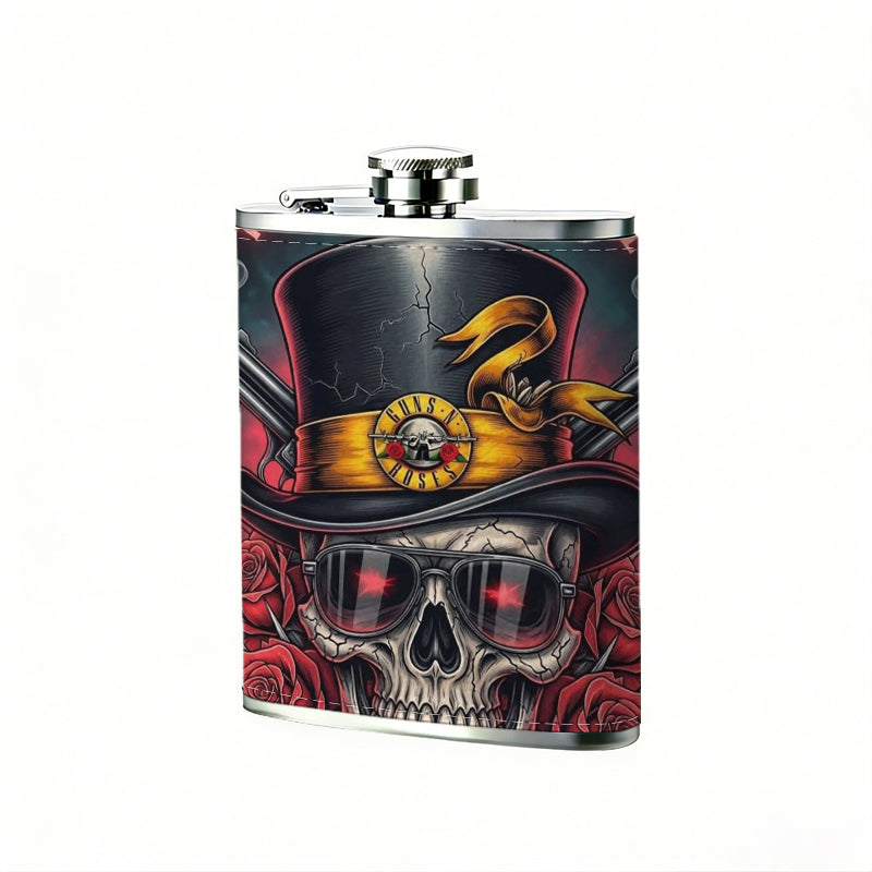 Skull wearing top hat with red roses and text 8oz Portable Stainless Steel Hip Flask - Juice Flask - Perfect Gift - Unique Whiskey Flask for Women, Wine Pot Metal - Ideal stainless steel flask for all outdoor activities