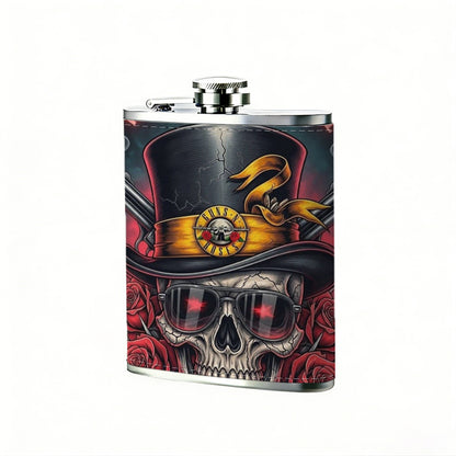 Skull wearing top hat with red roses and text 8oz Portable Stainless Steel Hip Flask - Juice Flask - Perfect Gift - Unique Whiskey Flask for Women, Wine Pot Metal - Ideal stainless steel flask for all outdoor activities